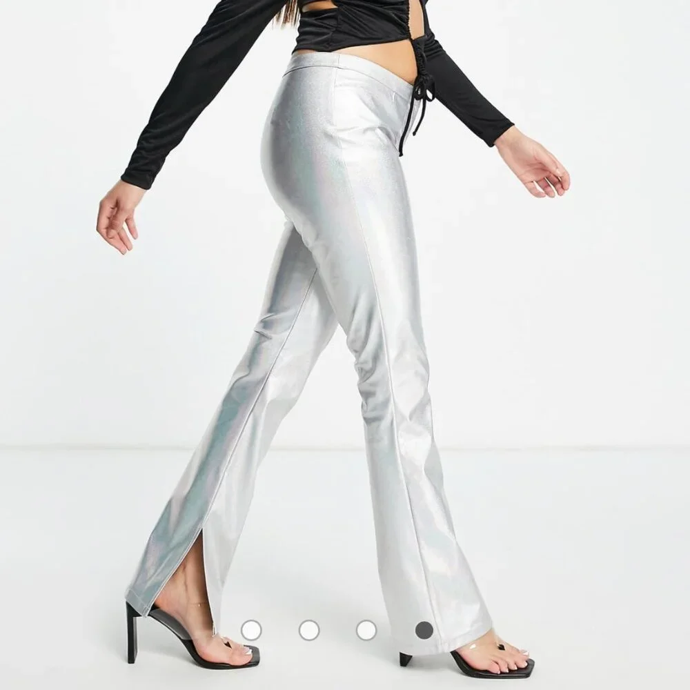 ASOS Design Sparkly Metallic Silver Flare Split Hem Pants Women's size 0